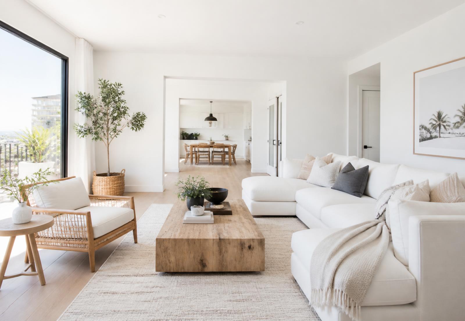 Freshly cleaned, sunlit vacation rental living room ready for guests